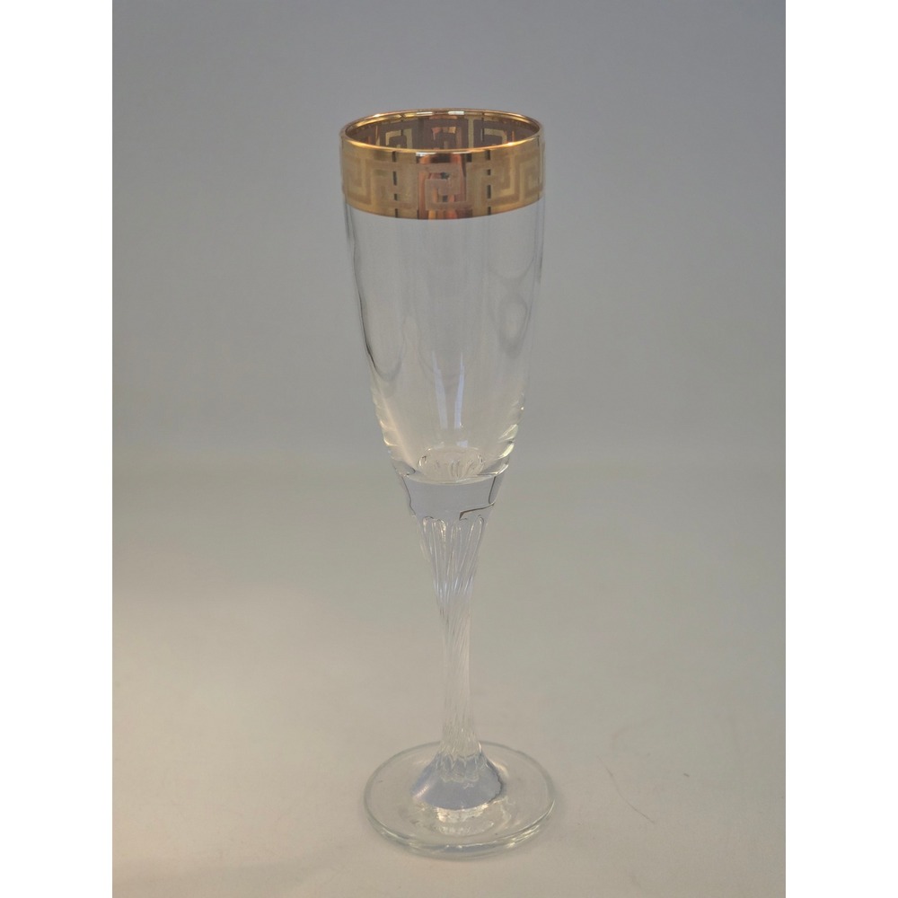Vintage Greek Key Gold Rim Champagne Flutes Swirl Stem‎ Set of 6 8.75 Inch